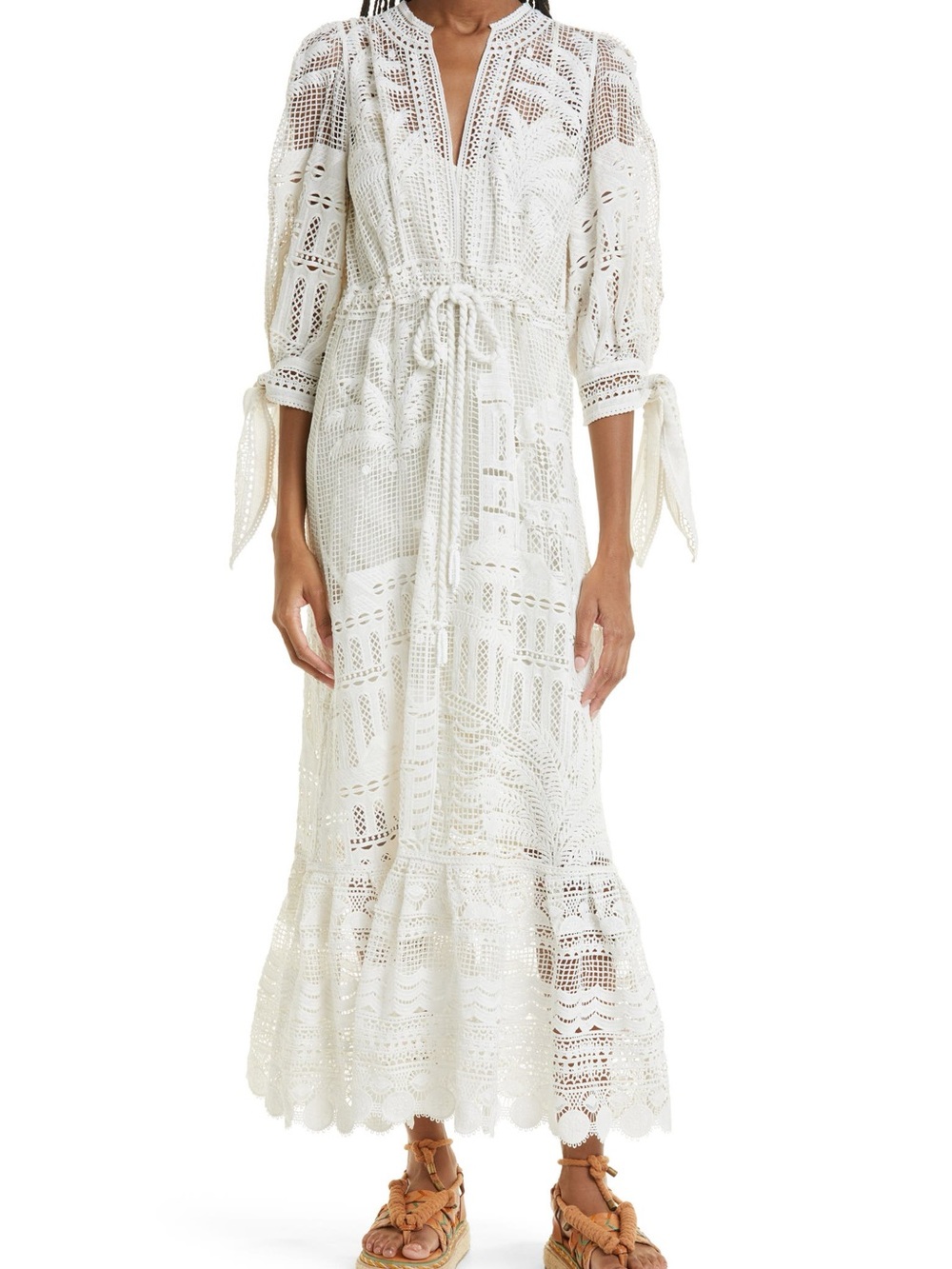 FARM Rio Morada Boa Guipure Lace Maxi Dress